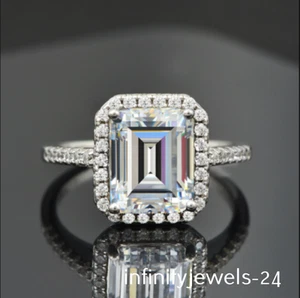 2.7CT Emerald Diamond Halo Lab Created Wedding Engagement Ring 14K White Gold FN - Picture 1 of 6
