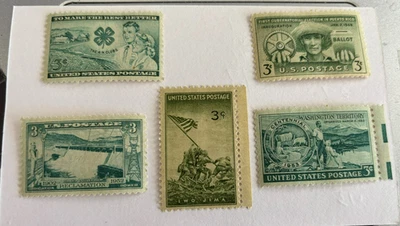 Lot of 5 Vintage US  3 Cent Green  Stamps MINT   #333 - Image 1 of 3