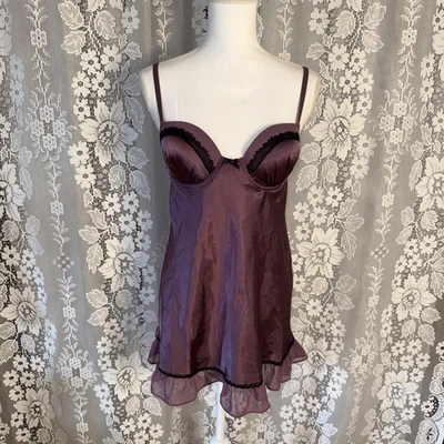 Vestido sin Mangas De Colección Apt.9 Polvoriento Púrpura Opaco Líquido Satinado y Negro Encaje Acolchado Talla M Foto 1 de 4