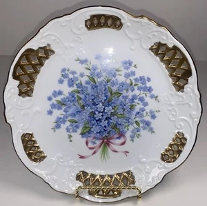 Plato estilo bávaro “No me olvides” floral dorado porcelana vintage 8” sin firmar - Imagen 1 de 6