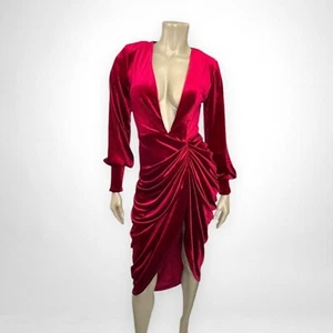 PRETTYLITTLETHING 2 Burgundy Velvet Long Sleeve Plunge Draped Midi Dress Cocktai - Picture 1 of 12