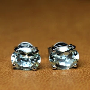 925 Sterling Silver With Green Amethyst Oval Cut Gemstone Tiny Stud Earrings - Picture 1 of 5