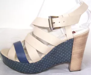 IM ISOLA MARRAS Beige Blue Leather Polka Dot Wedge Platform Sandals Shoes 39 9 - Picture 1 of 2