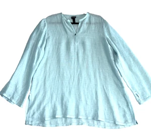 Eileen Fisher Tunic Blouse Linen & Silk Blend Aqua Blue Long Sleeves Blouse SZ L - Bild 1 von 8