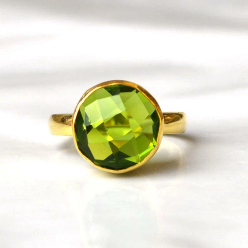 Check Cut Peridot Quartz Sterling Silver Yellow Gold Plated Handmade Gift Ring - Image 1 of 4