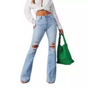 Womens High Waist Wide Leg Jeans Denim Trousers Fashion Light Blue Pants and Lad - Picture 1 of 11