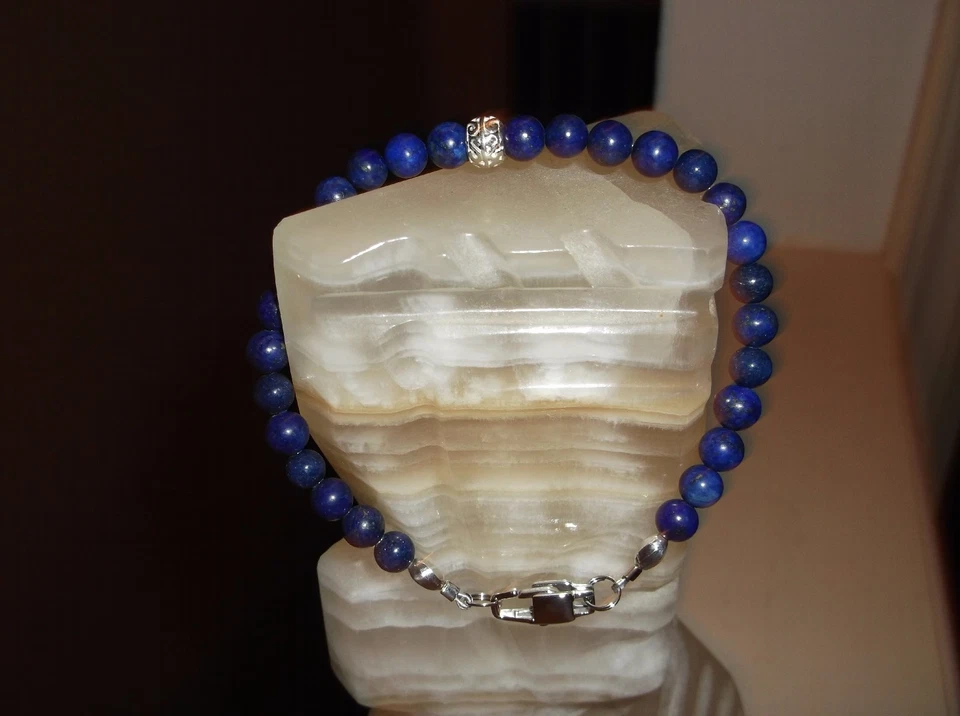 PULSERA HOMBRE HECHA A MANO 8 3/4" 6 MM AZUL LAPISLÁZULI Y PLATA DE LEY CUENTAS  Foto 1 de 1