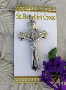 St. Benedict Large 3.5 inch Cross Crucifix Pendant Medal Silver Plate - Picture 1 of 1