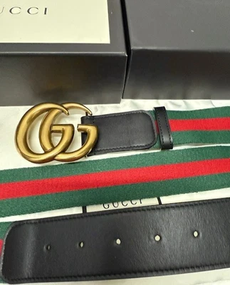Cinturón Gucci GG Marmont Verde, Rojo WEB Cuero Negro 80 cm Se Ajusta Cintura 26/28 Foto 1 de 4