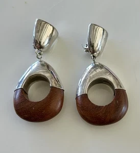 Simon Sebbag 925 Sterling Silver And Wood Clip On Drop 3” Earrings - Picture 1 of 4
