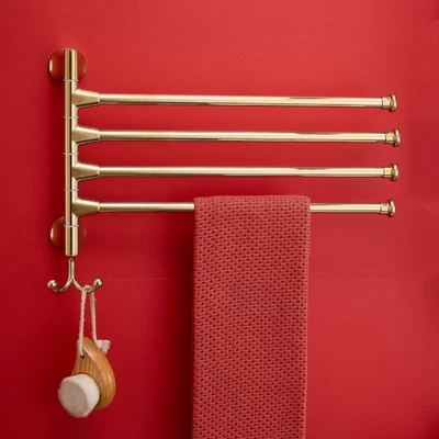 Brass SUS 4-Arms Bath Towel Holder Wall Mounted Polished Gold Swivel Towel Rack - Image 1 of 4