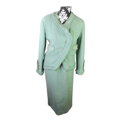 Chanel Boutique Skirt Suit Set Tweed Size 38 Jade Green 100% Wool Pocket - Image 1 of 4