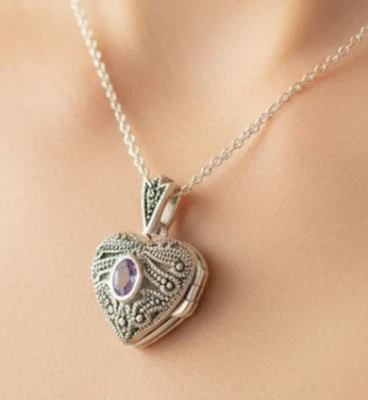 Heart Locket Pendant Chain Purple Crystal Marcasite Soft Girl Love Romantic - Image 1 of 4