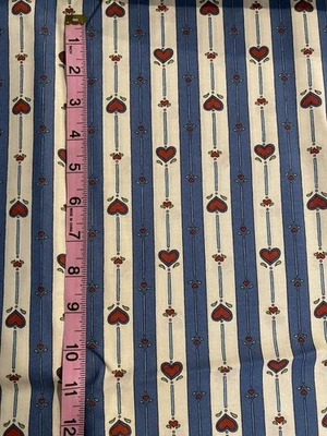 7 Yards Susan Winget #1874 Fabric Traditions Blue Cream Stripes Red Hearts 1993 - Image 1 of 3