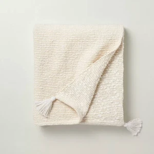 100% Cotton Hearth & Hand Throw Knit with Corner Tassels Cream/Natural- NWT - Picture 1 of 6