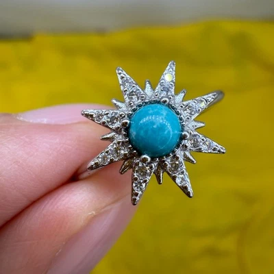 925 Sterling Silver Ring 4mm Natural Turquoise Gemstone Zircon Bridal Women Gift - Image 1 of 4