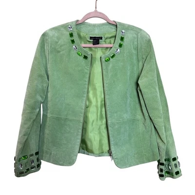 Chaqueta de cuero para mujer y2k Glam verde claro estrás colorida declaración retro M Foto 1 de 4