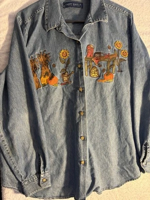 Karen Scott shirt size 1X denim fall team embroidered button down - Image 1 of 4