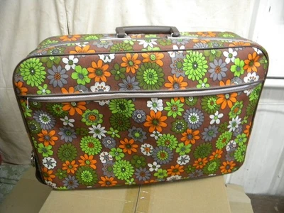 Vintage Westwood Floral Daisies Handle Canvas Luggage Suitcase w/Key 1960s - Image 1 of 4