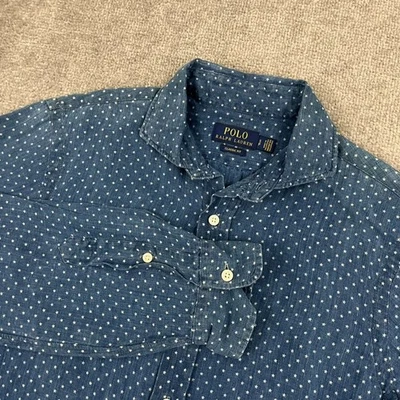 Polo Ralph Lauren Shirt Mens Small Blue White Star Print 100% Linen Button Up - Image 1 of 4