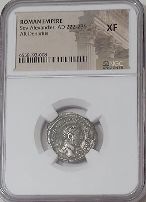 Denario de plata antiguo, Severo Alejandro NGC XF *Annona en reverso* 231-235 dC Foto 1 de 4
