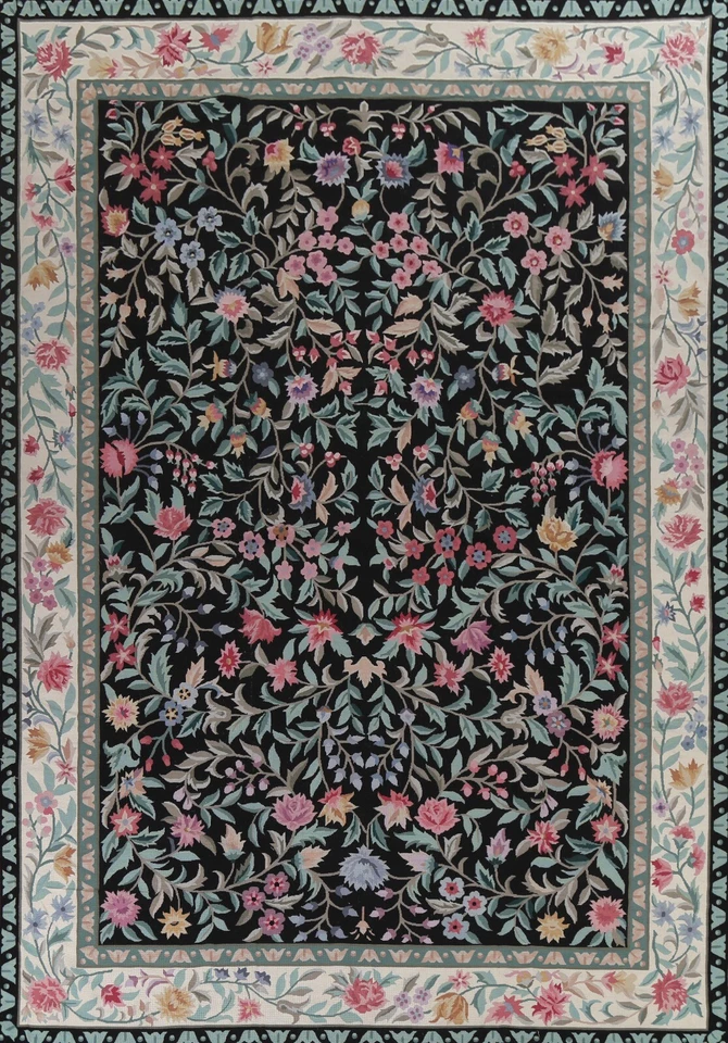 Floral Aubusson Chinese Oriental Area Rug Vegetable Dye Hand-knotted Wool 10x13 - Image 1 of 4