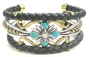 QVC American West Sterling/Brass Turquoise Brown Leather Cuff - Picture 1 of 5