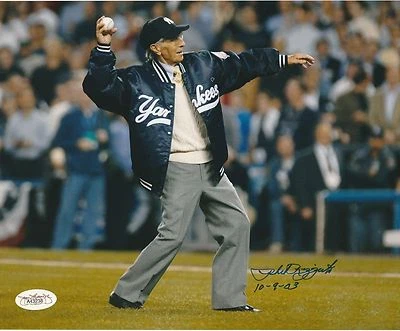 PHIL RIZZUTO SIGNED 8x10 PHOTO ALCS BOSTON 1ST PITCH TO YOGI BERRA JSA 10/9/03 - Image 1 of 4