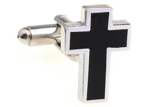 Cross Cufflinks Silver Black Pastor Wedding Fancy Gift Box & Polishing Cloth - Picture 1 of 3