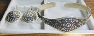 Vintage russisches Niello Manschettenarmband & Ohrringe Set - Silber 875 & Goldton - Bild 1 von 7