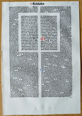 Ecclesiastes - Renner Original Incunable Leaf Biblia Latina Venice Folio - 1482 - Изображение 1 из 2