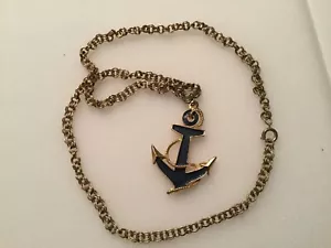 Anchor Pendant Necklace W 18” Chain Estate Item Blue Enamel Gold Metal - Picture 1 of 3