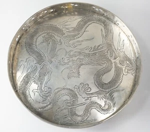 Antique Chinese Wang Hing Export .900 Silver Dragon Tray With Dragon Gallery - Picture 1 of 12