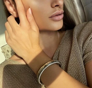 SOHO SLVR white gold leaf & enamel bracelet bangle cuff  .925 Sterling Silver - Picture 1 of 7