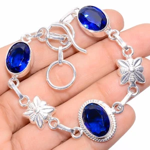 Lab-Created Blue Sapphire Gemstone 925 Silver Handmade Bracelet 6-8" ARB-795 - Picture 1 of 3
