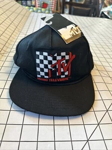 MTV Music Television Black Checkerboard Logo And Brim Baseball Cap Hat NWT - Picture 1 of 8