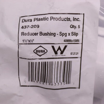 (5-Pk) Productos de plástico Dura PVC Reductor Buje Grifo x Deslizamiento Blanco 437-209 Foto 1 de 3