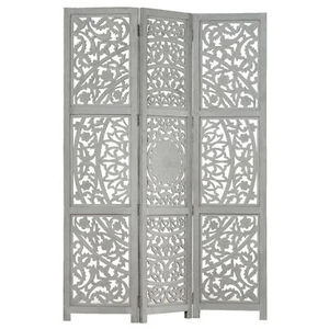 Hand carved 3-Panel Room Divider Grey 120x165 Solid Wood K0N7 - Picture 1 of 10
