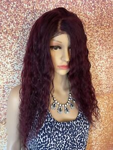 18 INCH HUMAN HAIR LACE FRONT WIG WAVY BURGUNDY LONG USED BRAZILIAN REMY