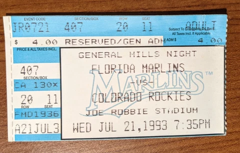 Miami Florida Marlins Ticket Stub 07-21-93 vs Rockies Joe Robbie Stadium - Fast Cover