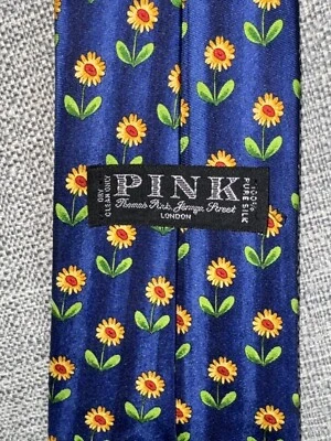Corbata Thomas Rosa Para Hombre Hecha a Mano Azul Londres AOP Girasol Seda Geométrica Floral Foto 1 de 4