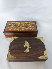 2 Two VTG Wooden Trinket Boxes Mother Of Pearl Inlaid Brass Inlaid Fittings Bird