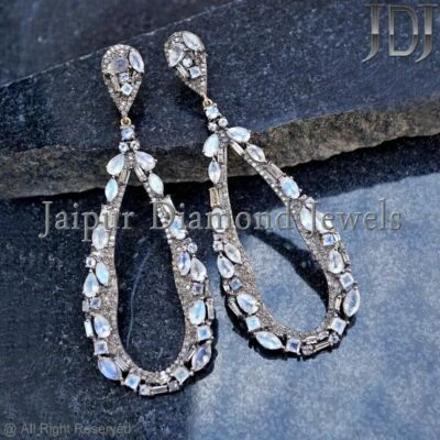 Natural Pave Diamond Moonstone Gemstone Earring 925 Silver Jewelry Earring - Image 1 of 4