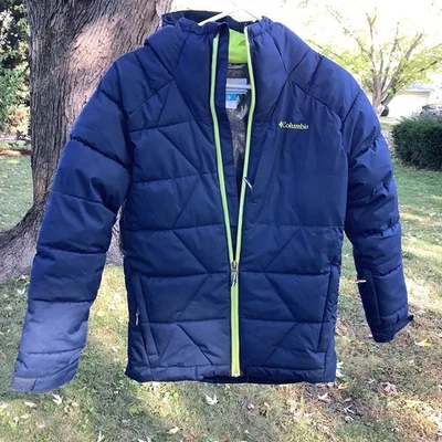 COLUMBIA  GIRLS  MED (10/12)  WINTER JACKET OMNI-HEAT NAVY & Yellow-green hood - Image 1 of 4