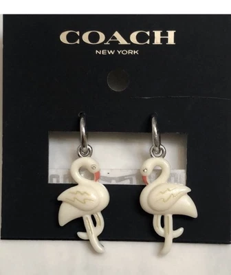 Coach Silver Tone Huggie Hoop Earrings With White Resin Flamingo Charm NWT - Image 1 of 4