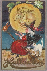 Halloween Charms of Witching Hour Witch on Broom, White Cat Embossed - Picture 1 of 2
