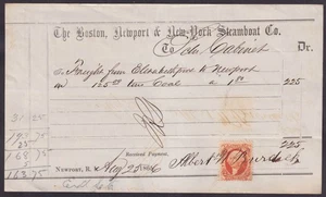 Guía Boston Newport & New York Steamboat Co 8/16 1865 carbón con sello de ingresos - Imagen 1 de 1