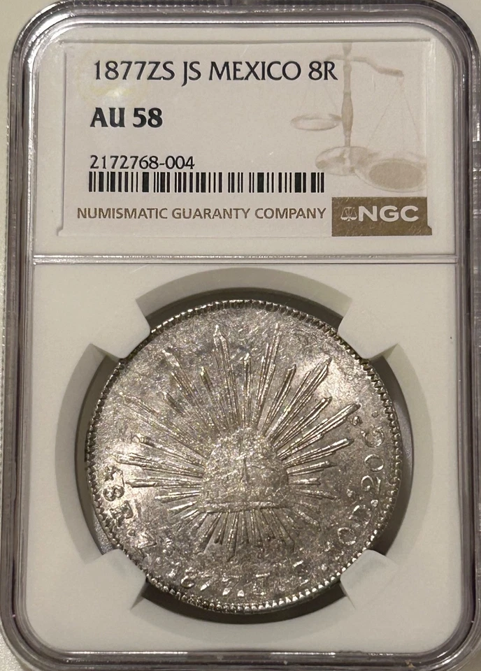 1877 Zs JS Mexico Silver 8 Reales NGC AU58 (NGC Population 8 Only 17 Higher) - Image 1 of 4