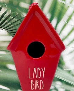Rae Dunn Red “LADY BIRD” Slant Roof Ceramic Birdhouse with Ladybug on Back - Picture 1 of 3