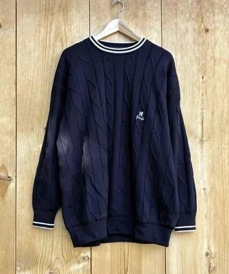 Vintage Pringle of Scotland Navy Blue Lined Cable Knit Sweater Sz Large  - Image 1 of 4